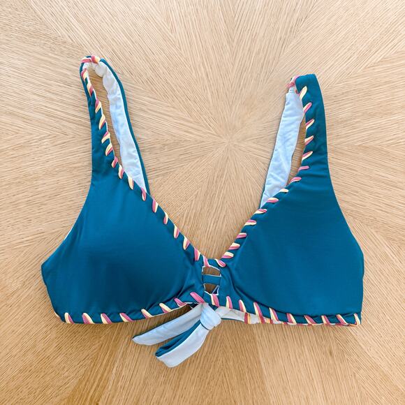 Becca Bikini Top Womens Sz XL Green Reversible Boho Sporty Whipstitch Trim NWOT - Picture 2 of 4